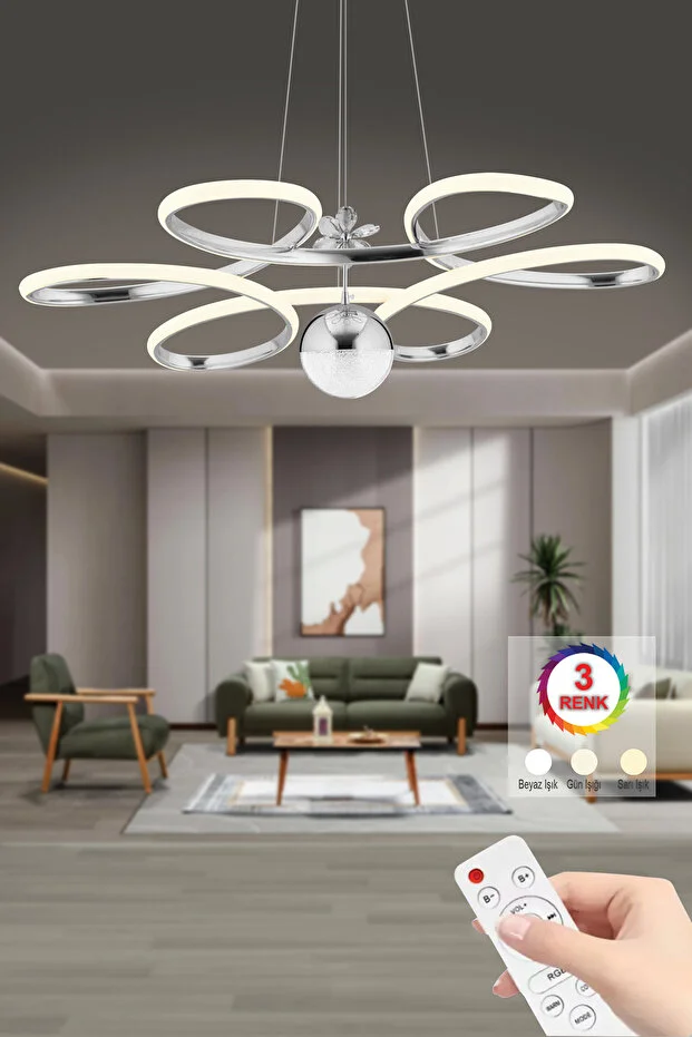 Papatya Kumandalı Gümüş 3 Renk Ledli Modern Led Avize